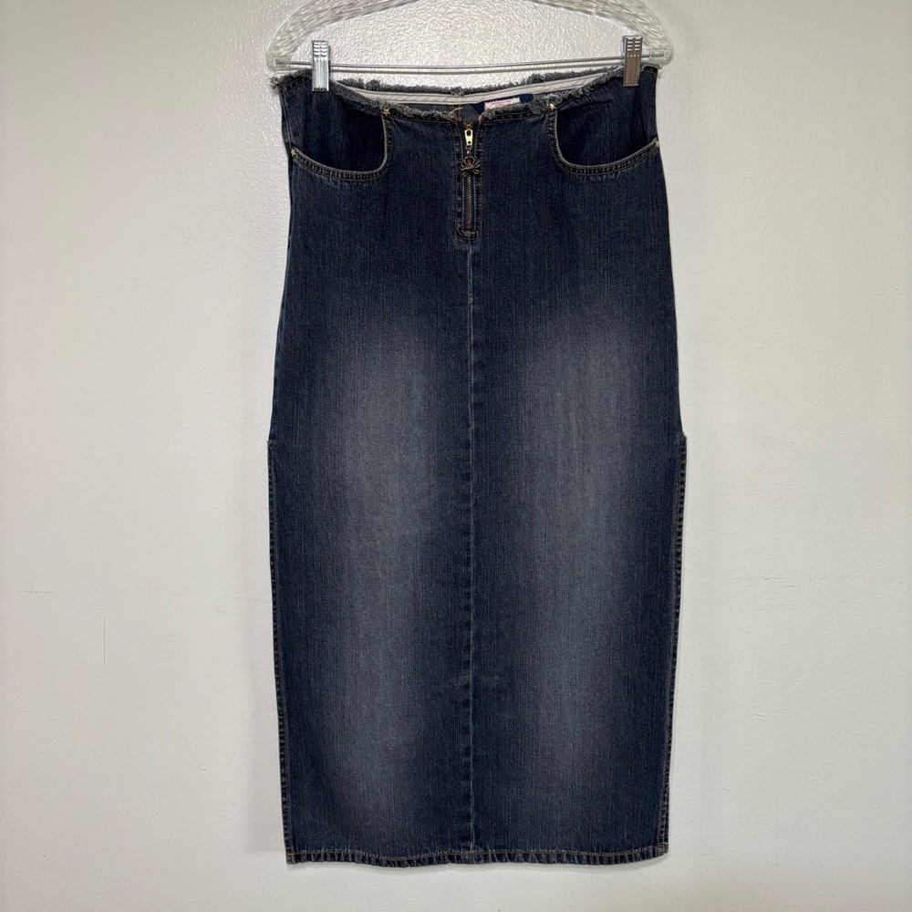 Vintage Bubblegum Y2K Dark Wash Denim Maxi Skirt With Dramatic Side Slits Size 7 - Picture 1 of 8